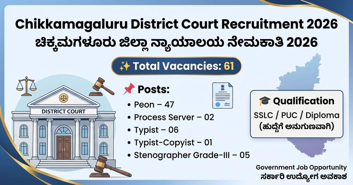 Chikkamagaluru District Court Recruitment 2026: 61 ಹುದ್ದೆಗಳ ನೇಮಕಾತಿ | SSLC, PUC ಅಭ್ಯರ್ಥಿಗಳಿಗೆ ಸರ್ಕಾರಿ ಉದ್ಯೋಗದ ಸುವರ್ಣಾವಕಾಶ