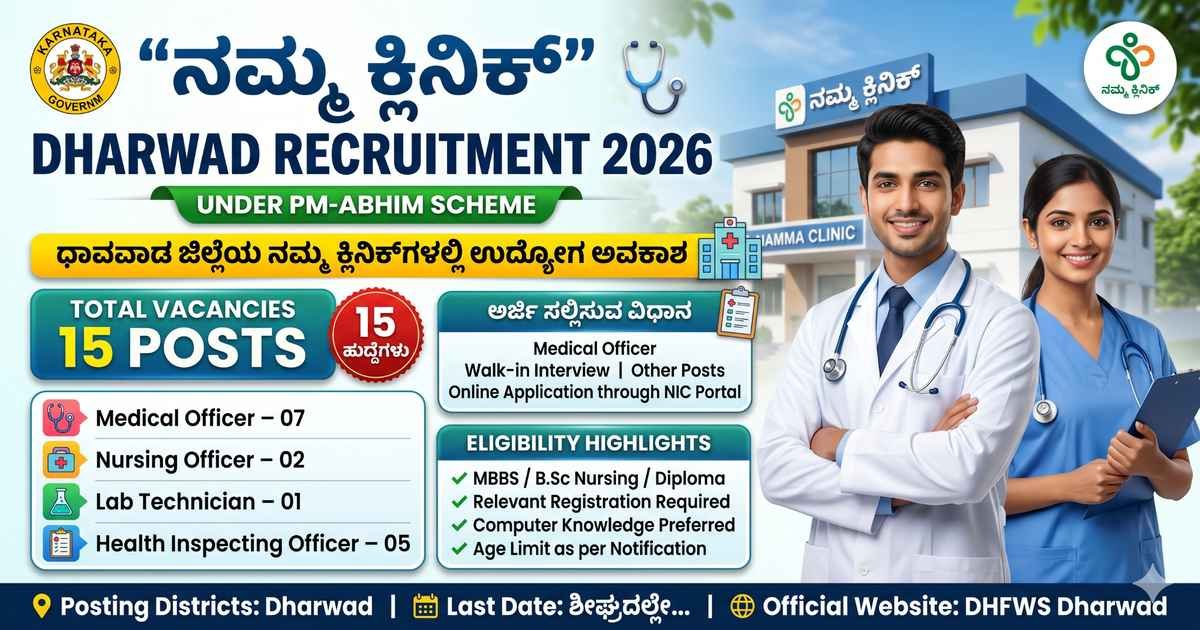 Namma Clinics Dharwad Recruitment 2026: ಧಾರವಾಡ ಜಿಲ್ಲೆಯ ನಮ್ಮ ಕ್ಲಿನಿಕ್‌ಗಳಲ್ಲಿ 15 ಹುದ್ದೆಗಳ ನೇಮಕಾತಿ – MBBS, B.Sc Nursing, Diploma ಅಭ್ಯರ್ಥಿಗಳಿಗೆ ಅವಕಾಶ