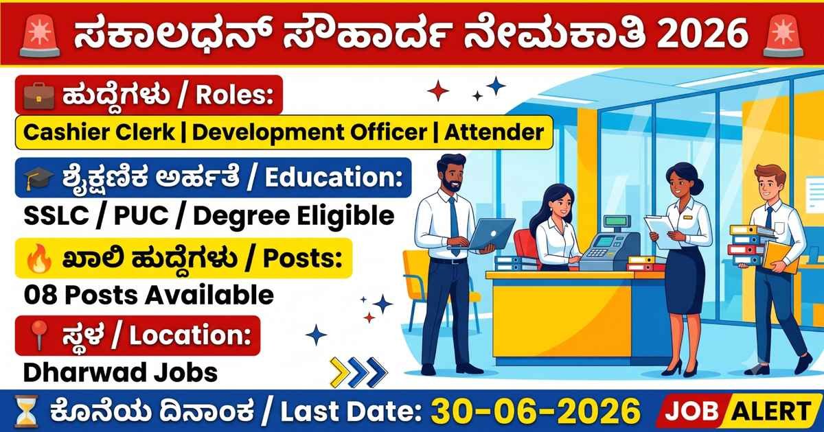 Sakaaldhan Souharda Cooperative Recruitment 2026: ಧಾರವಾಡದಲ್ಲಿ 08 ಹುದ್ದೆಗಳಿಗೆ ಅರ್ಜಿ ಆಹ್ವಾನ
